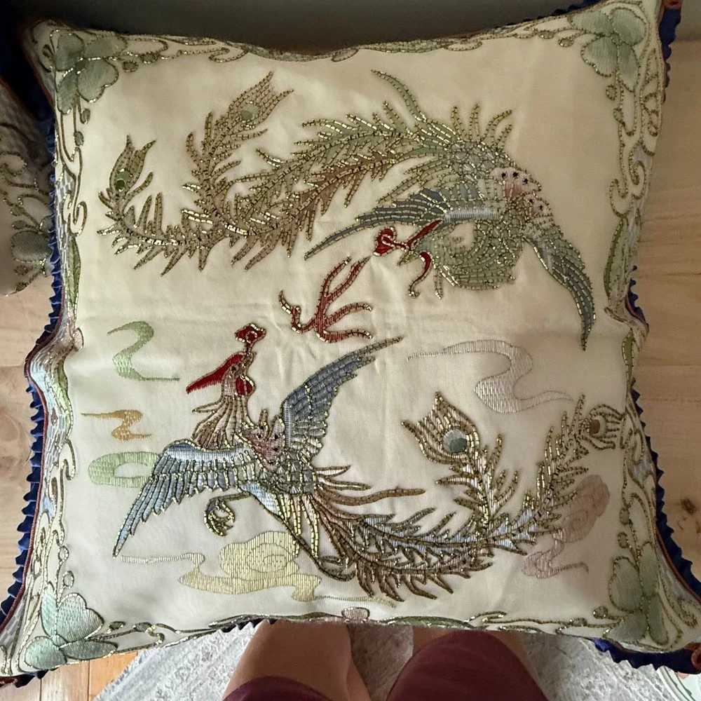 Vtg Golden Cloud Hand-Embroidered Bird Decorative Pillows Silk Blend Blue Trim